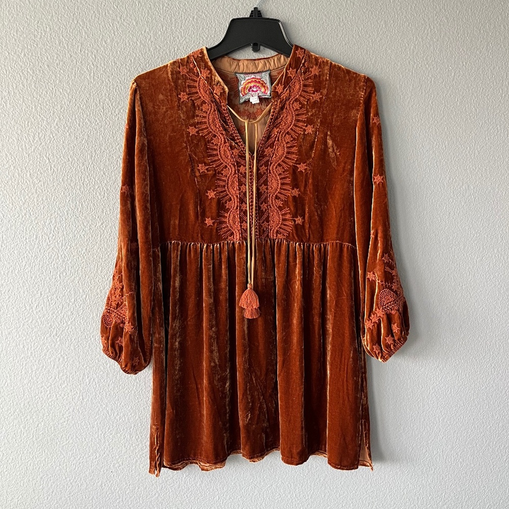 Johnny Was Rust Velvet Embroidered Tunic Top